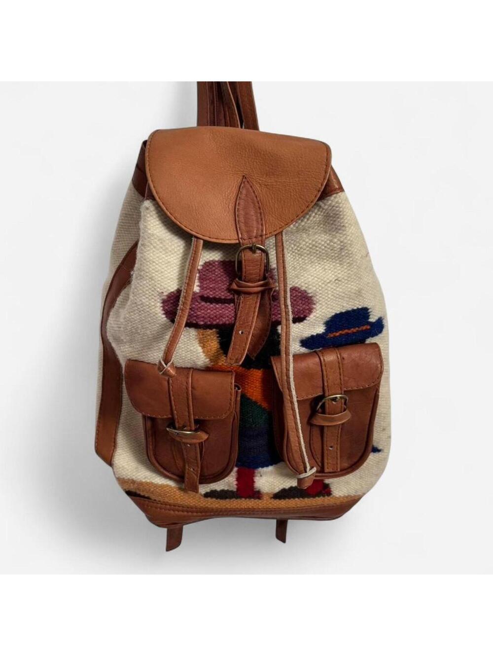 Vintage Leather and Woven Southwestern Backpack Purse
